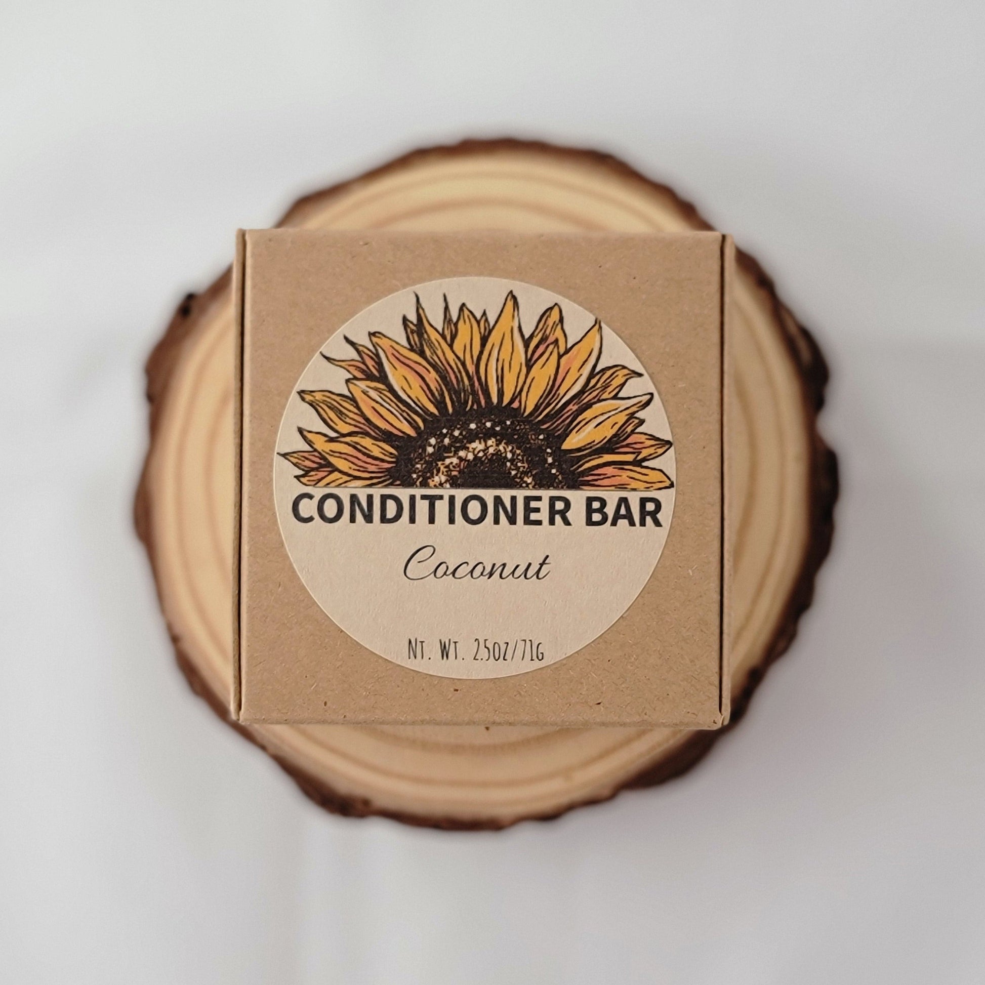 Conditioner bar packaging with sunflower design on a wooden block