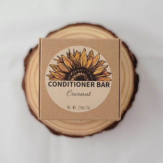 Conditioner bar packaging with sunflower design on a wooden block
